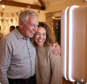 Lächelndes Paar sitzt auf dem Boden und betrachtet gedruckte Fotobox-Bilder