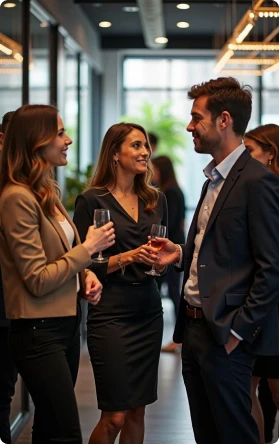 Drei Personen sprechen in modernem Büro